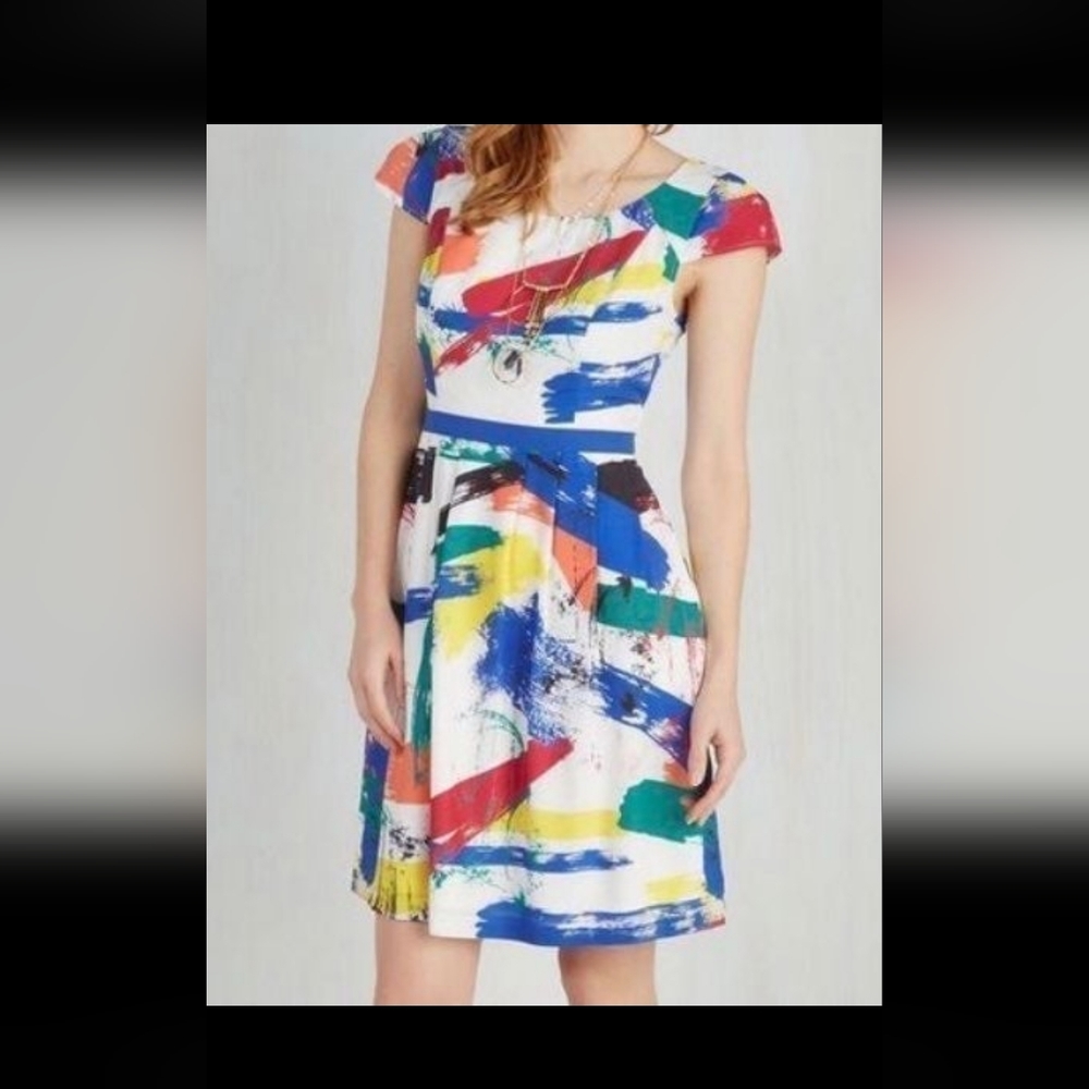 ModCloth White Dress with Multicolor Brushstroke Print
